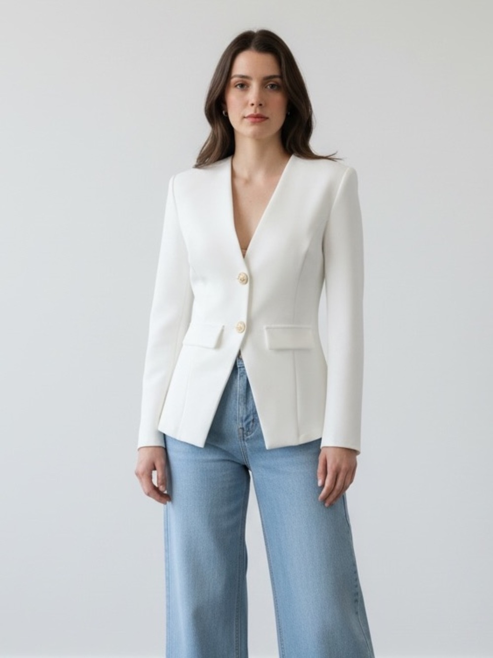 1319 • White Scuba V Neck Collarless Gold  Lion Button Stretch Blazer Jacket